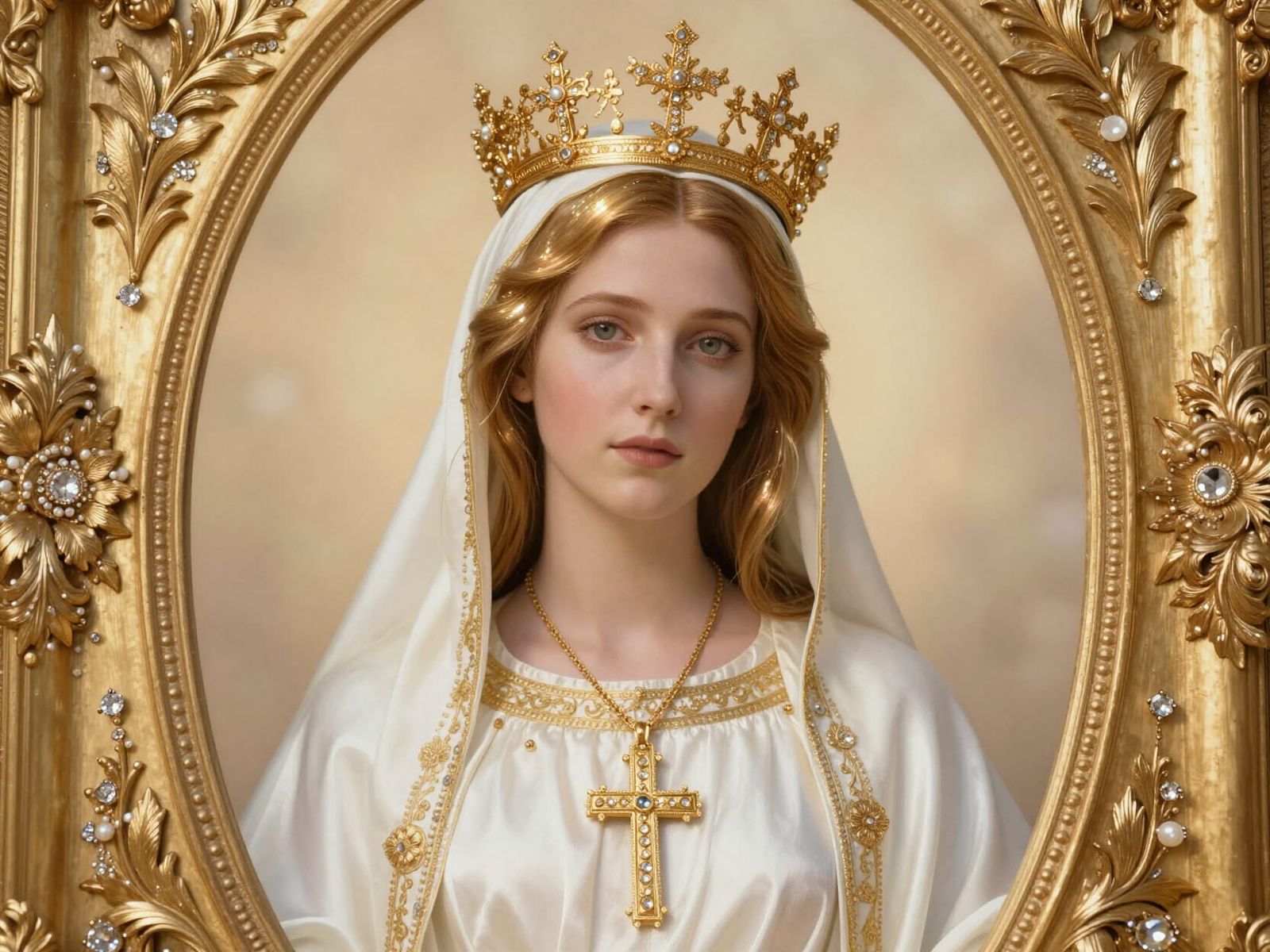 Mother Mary Portrait in Ornate Golden Frame