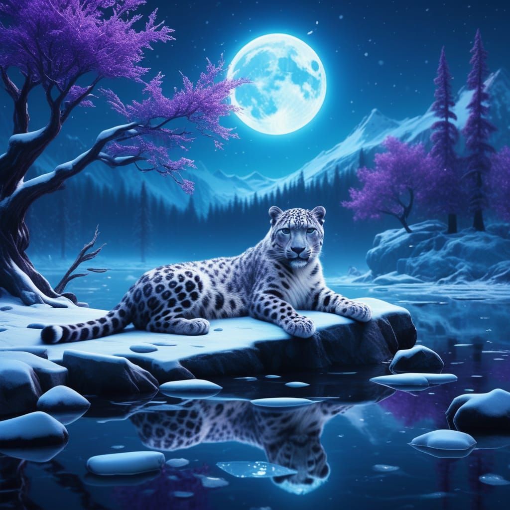 Snow Leopard Rests by Frozen Lake in Ethereal Fantasy Art