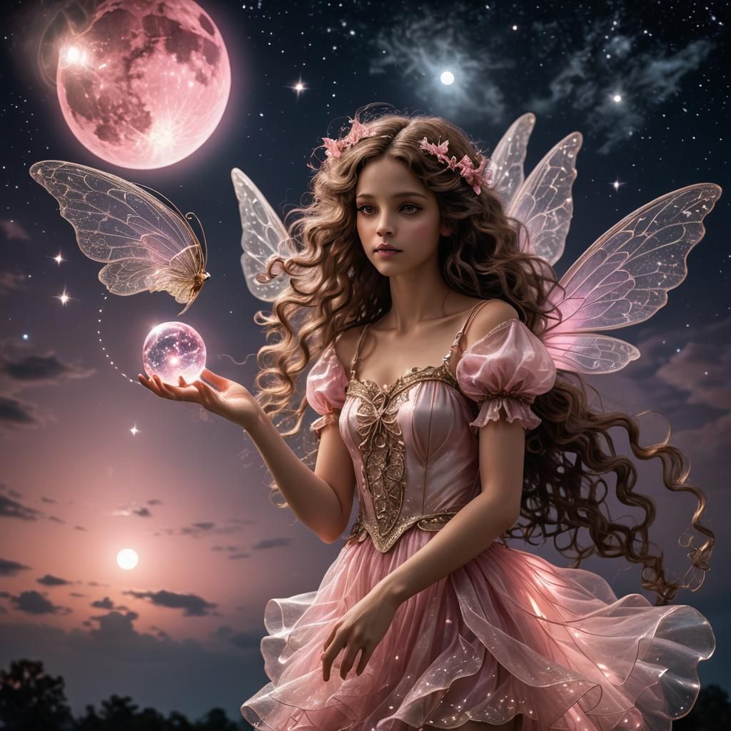 Young Fairy Casting Orb in the Night Sky