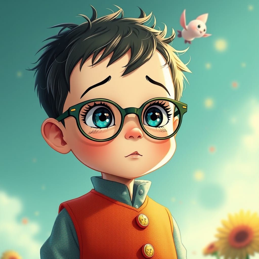 Bald Child with Mustache in Anime Style