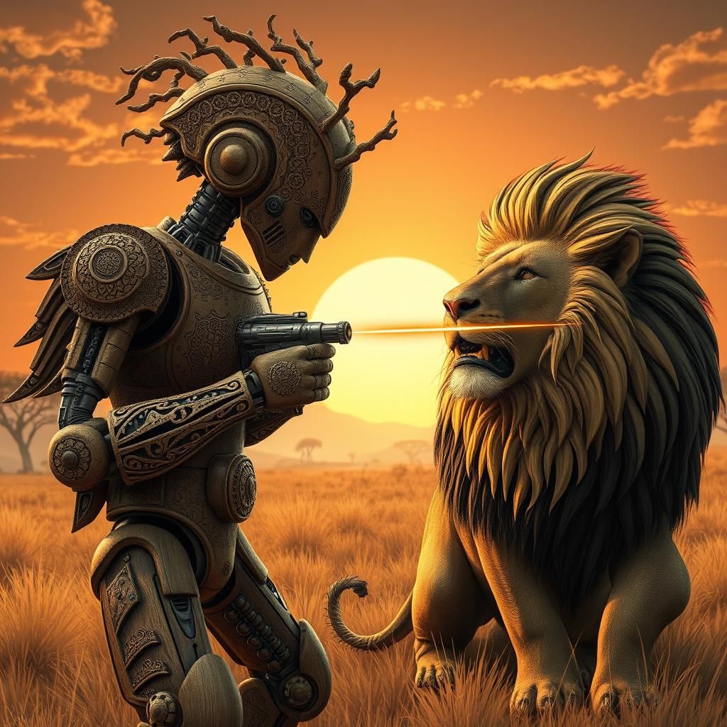 Wooden Robot Laser Duel on the Savannah