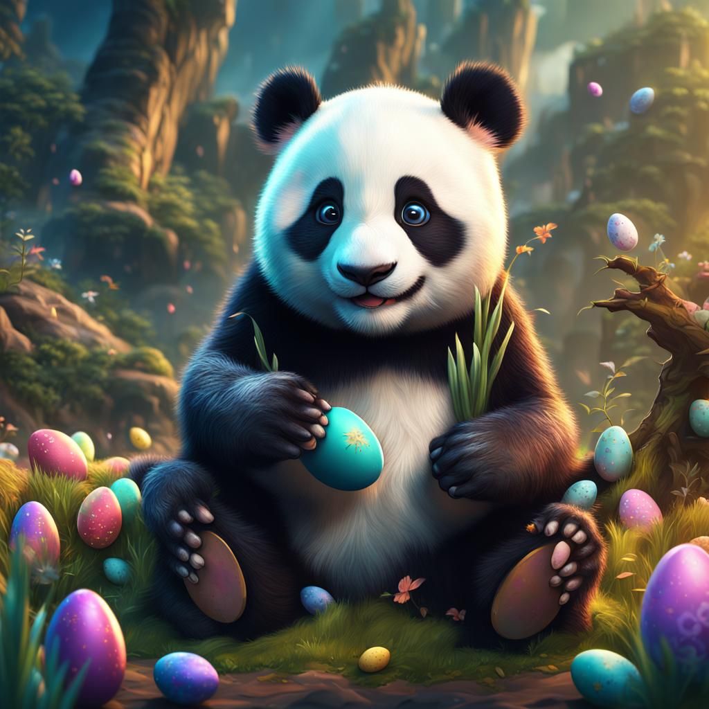 Cute Panda Celebrates Happy Easter in Detailed Painting