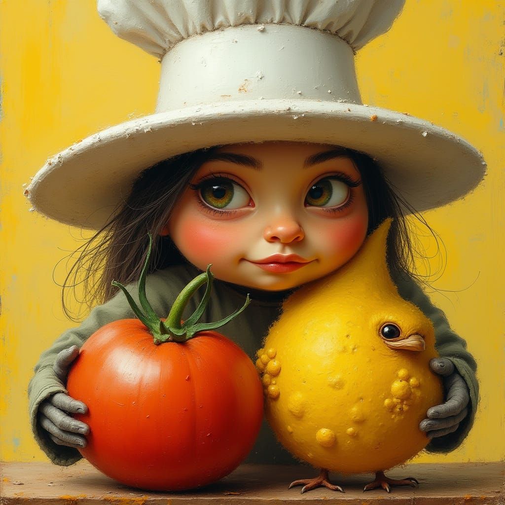 Vibrant Harvest Scene with Anthropomorphic Fruits and a Chef