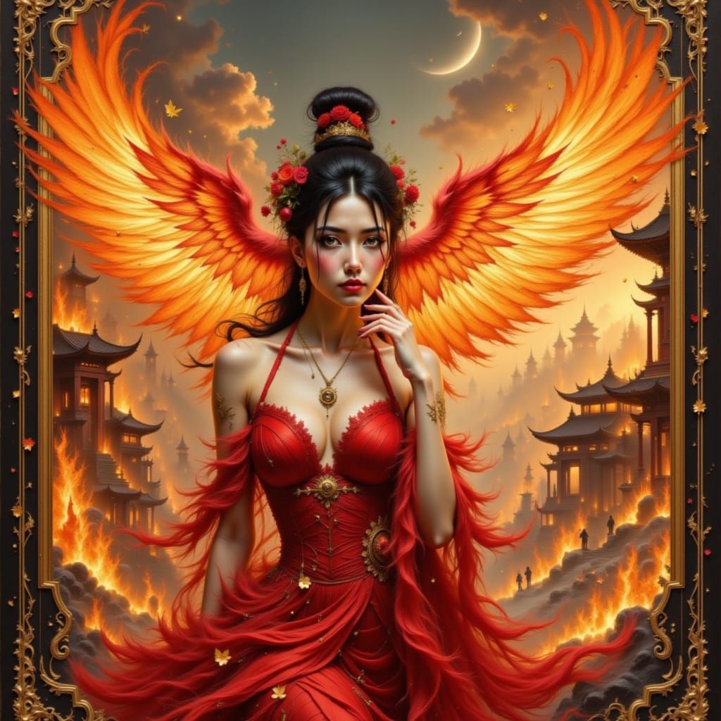 Chinese Goddess with Phoenix Rising from Burning Temple