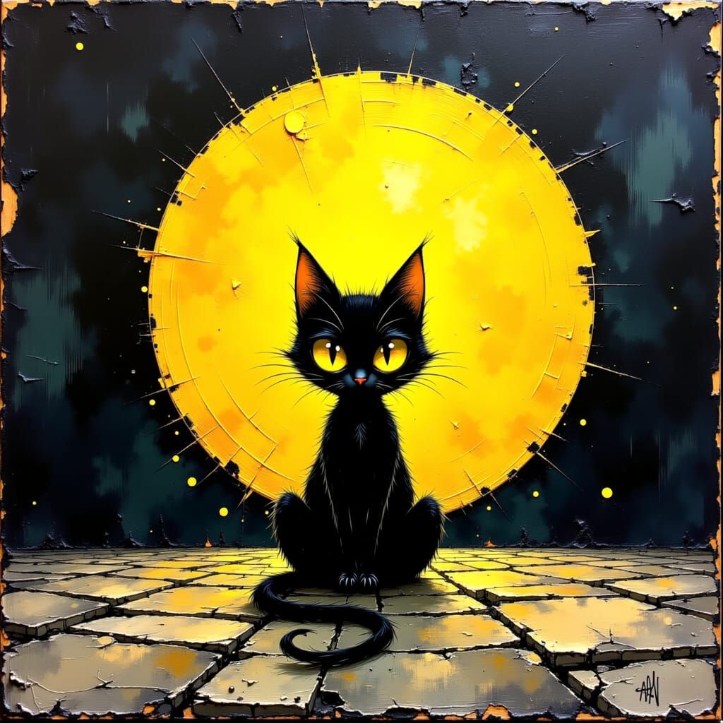 Black Cat Under Yellow Moon in Impasto Style