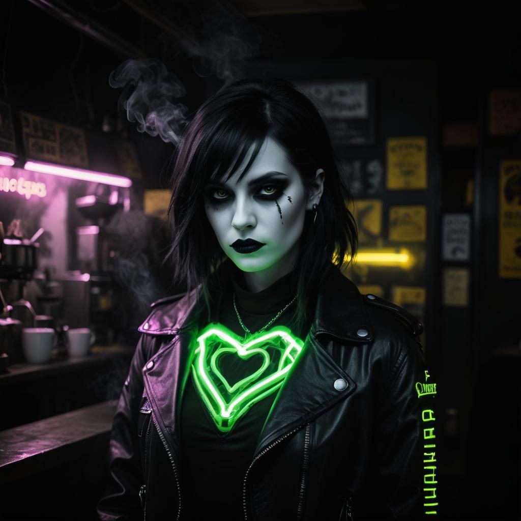 Cyberpunk Goth Model in Neon-Lit Coffee Shop