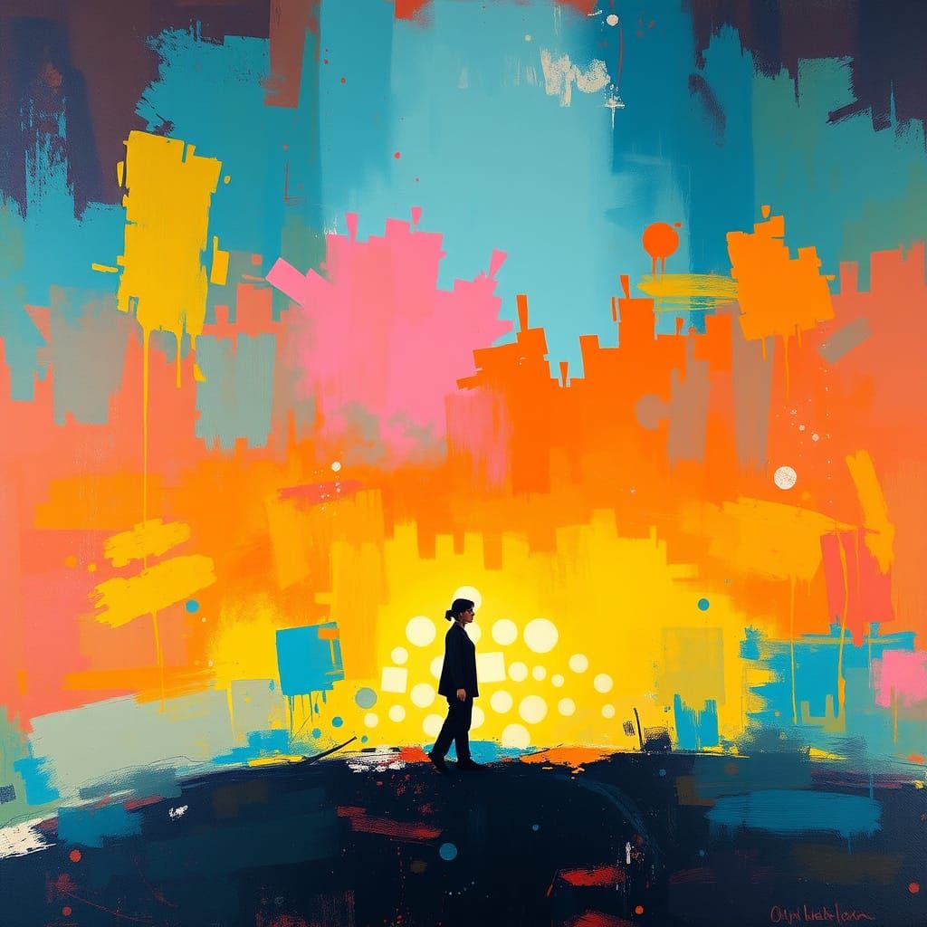 Contemplative Figure Surrounded by Vibrant Brushstrokes