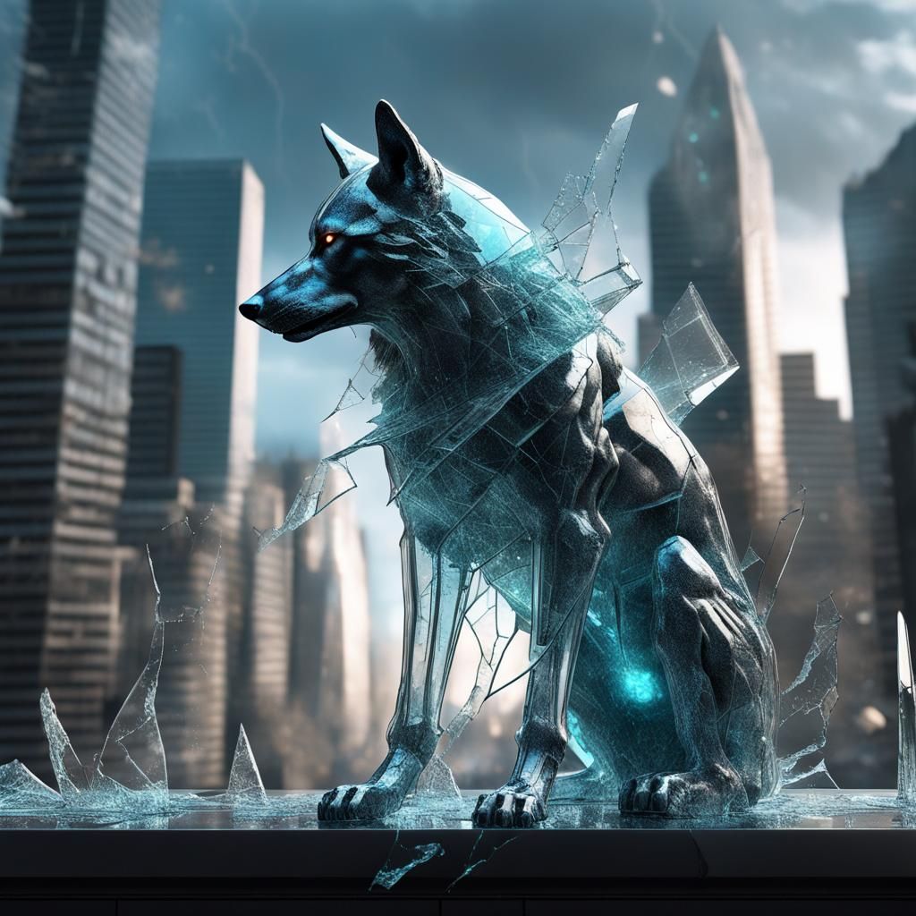Glass Winged Wolf with Glowing Neon Cracks