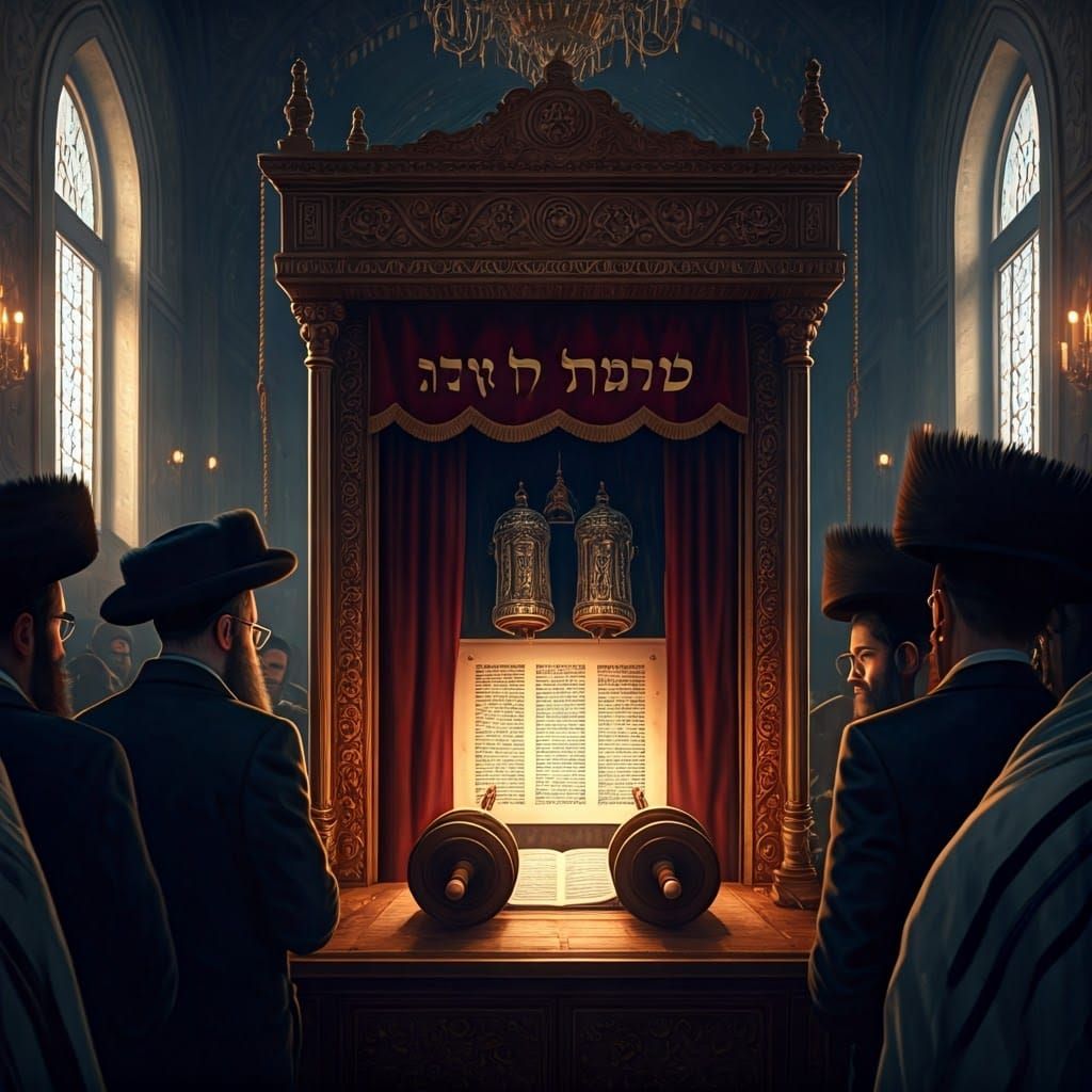 Haredi Jews with Torah Scroll in Golden Light