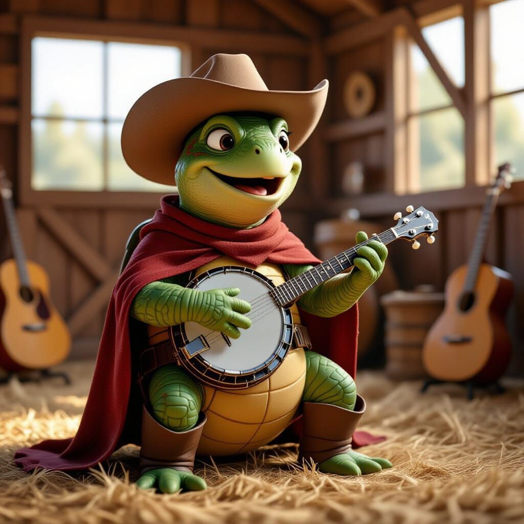 Anthropomorphic Turtle Performs Country Song in Cozy Barn