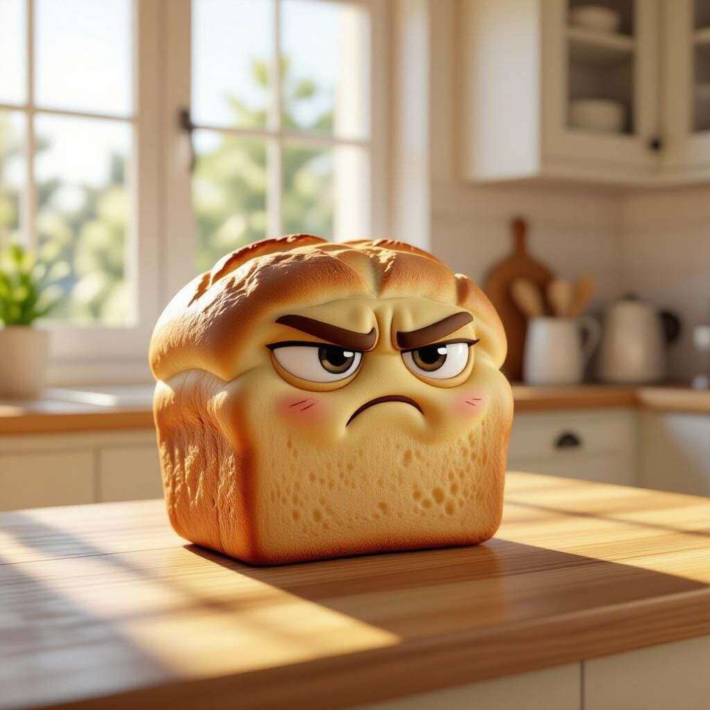 Grumpy Bread Loaf on Sunny Kitchen Counter