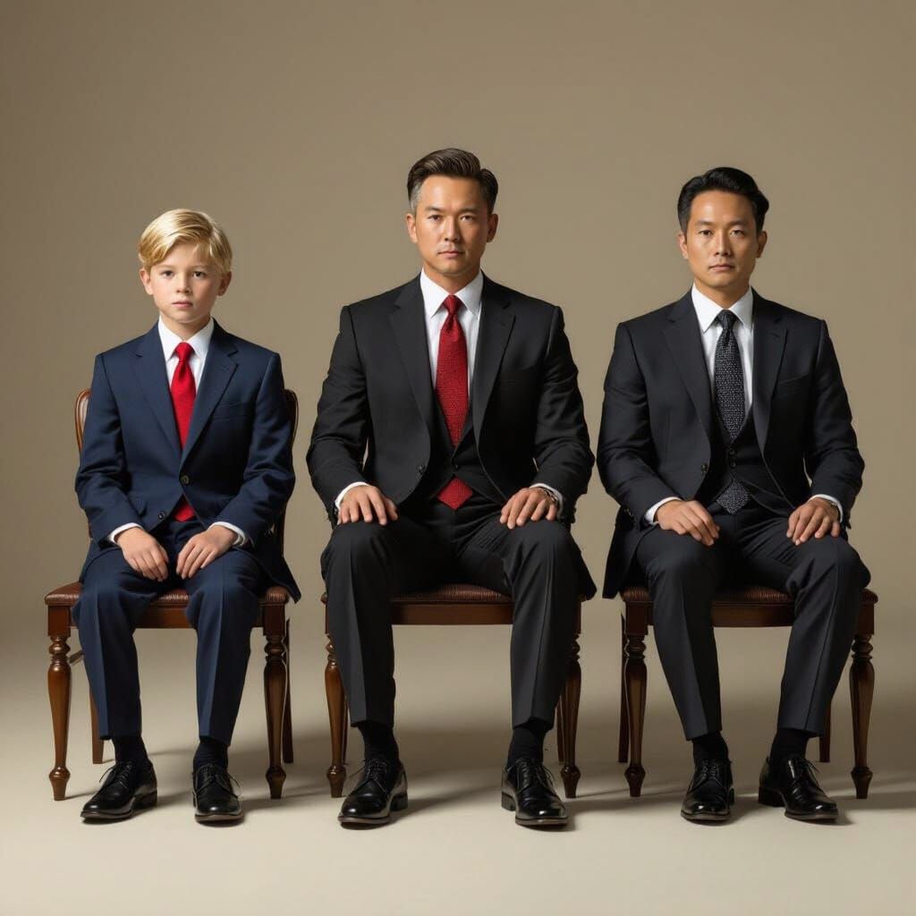 Young Boy with Powerful Men in Dramatic Lighting