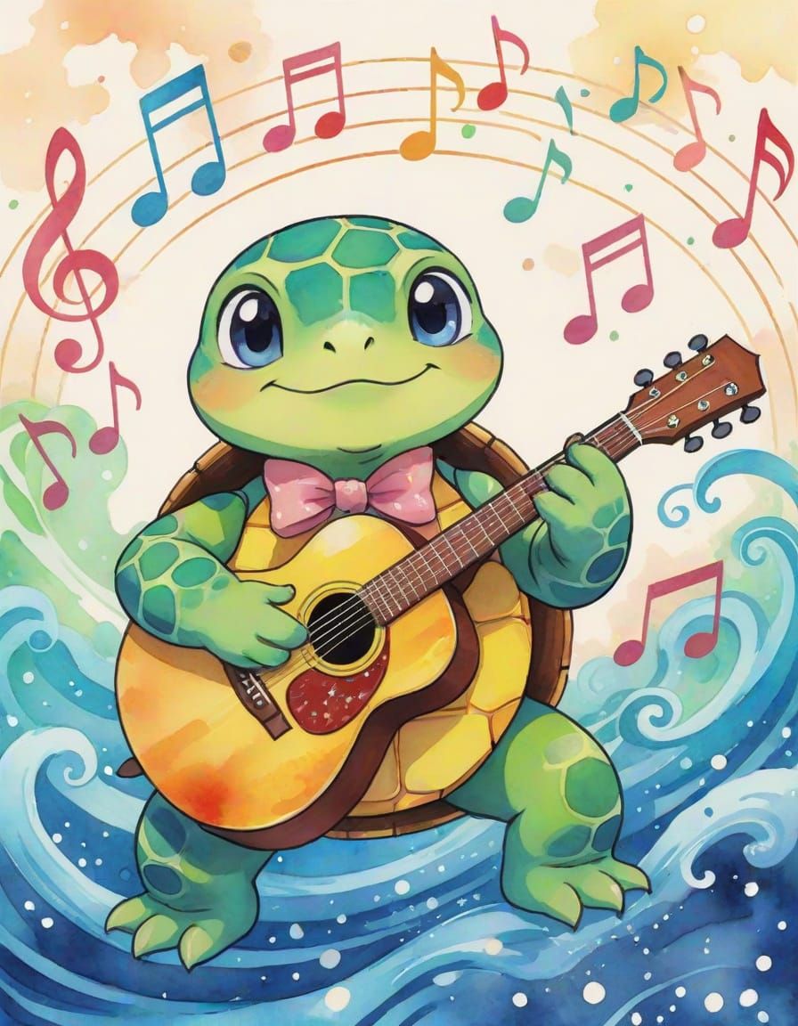 Anime Turtle Serenade in Watercolor Style