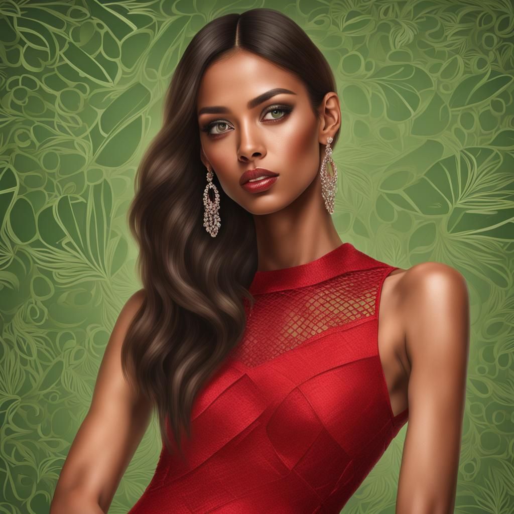 Hispanic Woman in Red Dress, Photorealistic Style