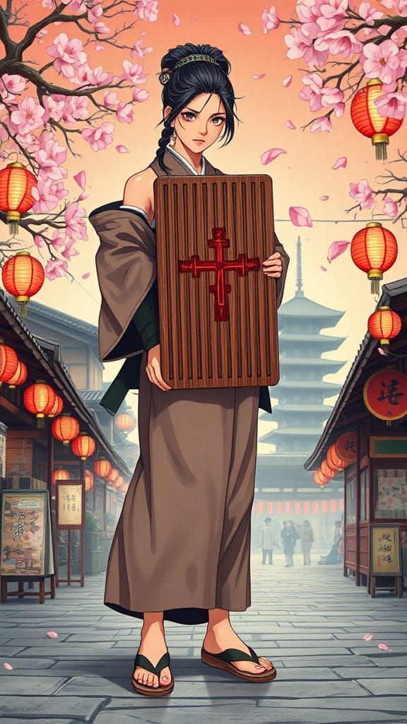 Stoic Samurai Woman in Traditional Ukiyo-e Style