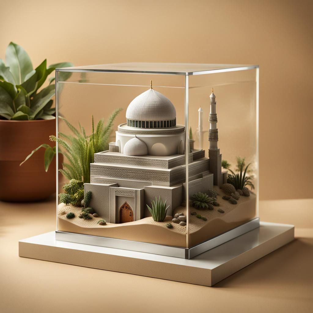 A terrarium inspired by the city of Mecca in Saudi Arabia, featuring the iconic cube-shaped pilgrimage house known as th...