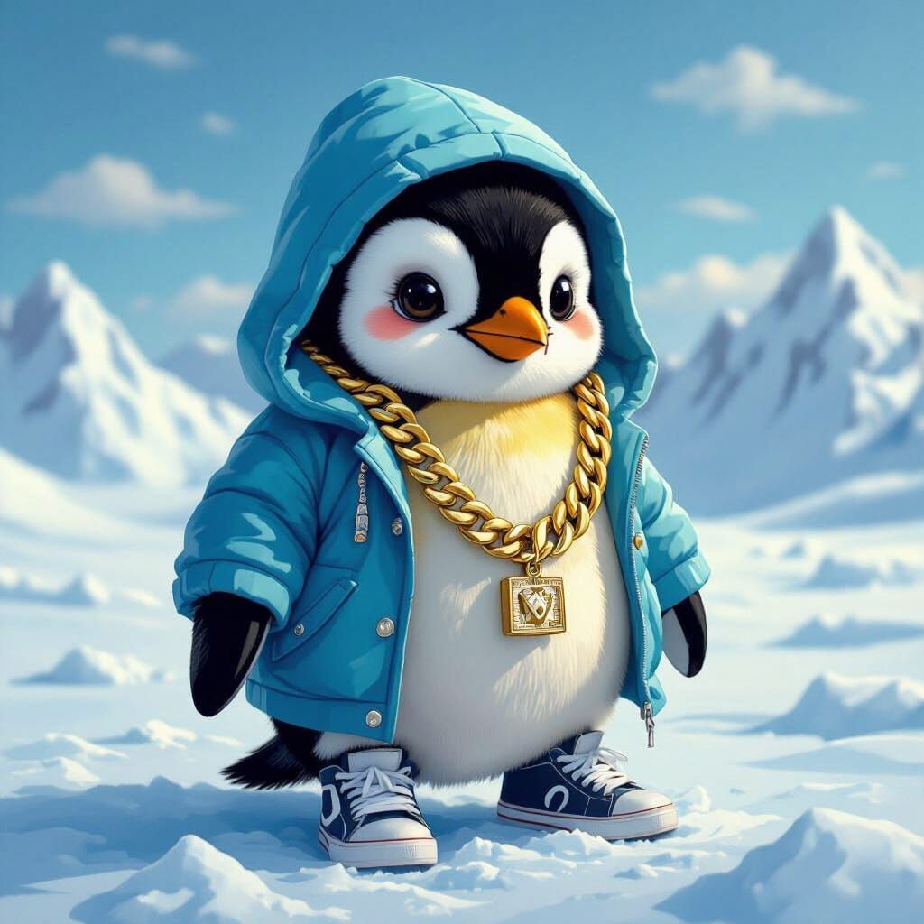 Hip-Hop Penguin in Antarctic Landscape, Murakami Style