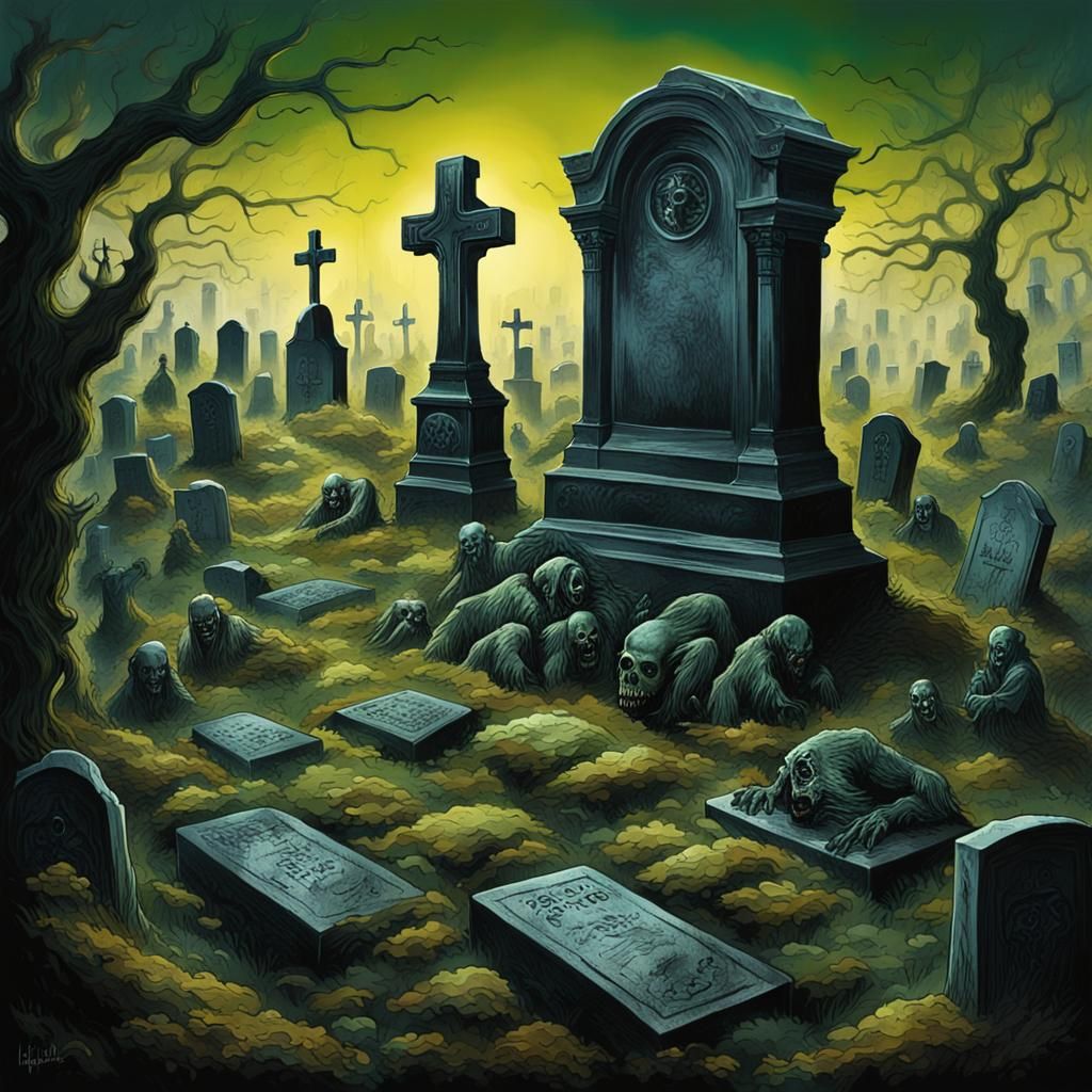 Eerie Horrorpunk Graveyard in Noir Landscape