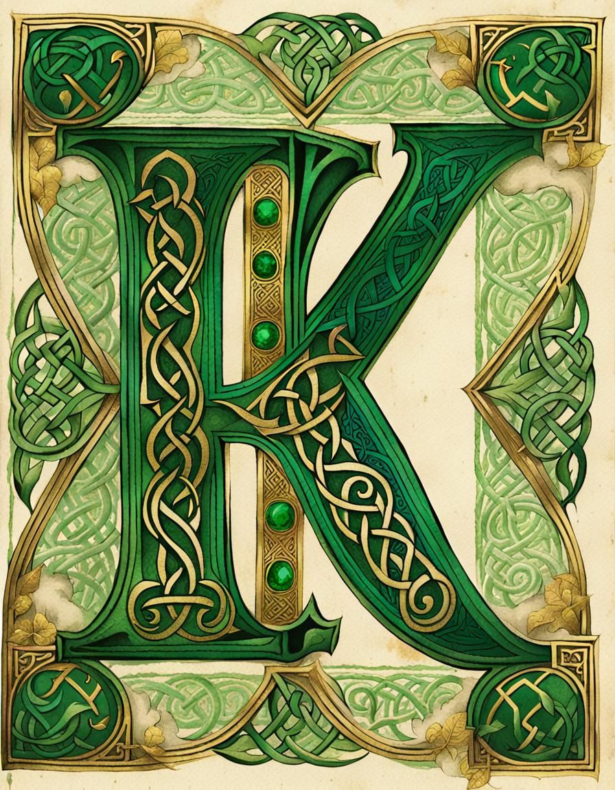 Illuminated Manuscript Page with Celtic Letter K