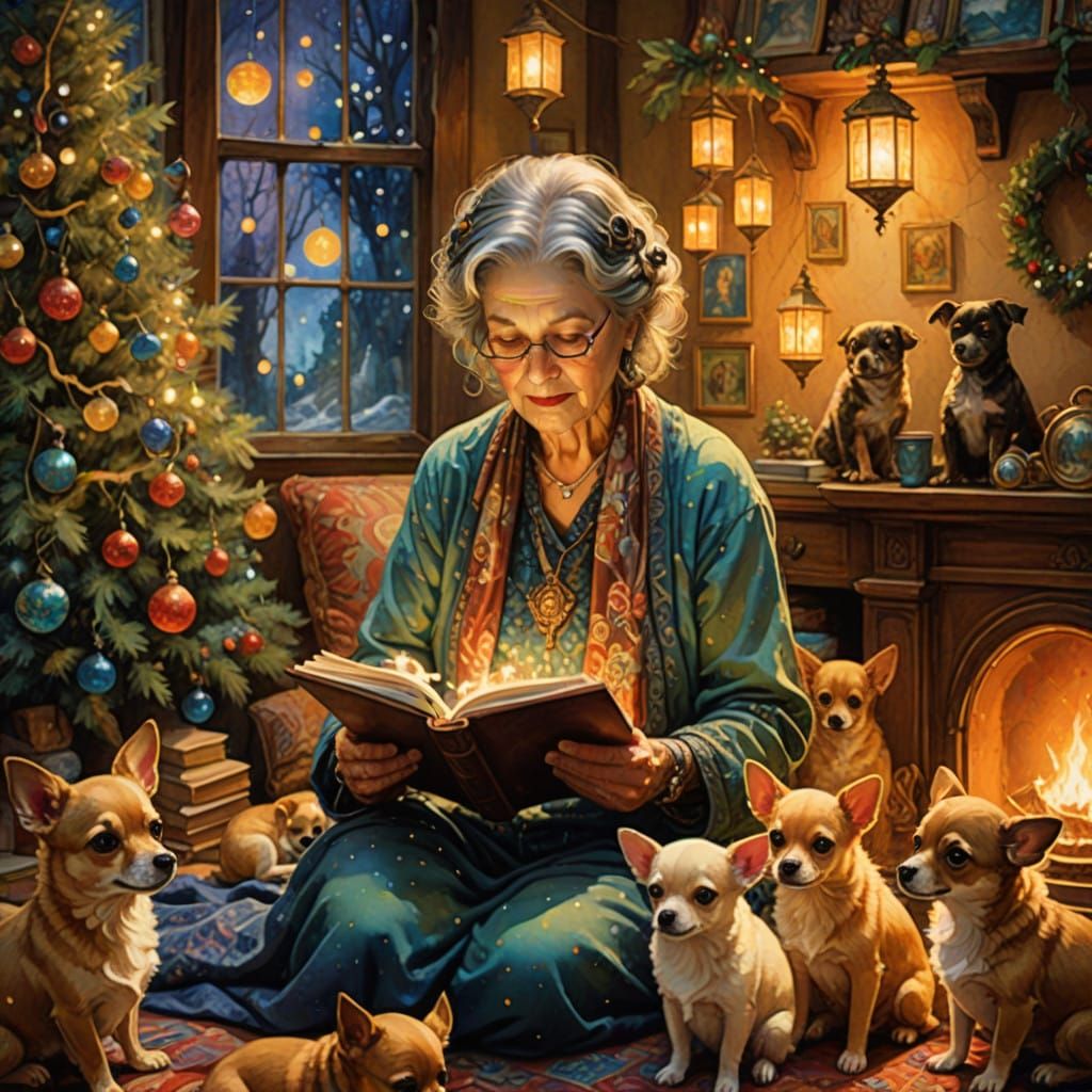 Vintage-Inspired Grandma Reading to Her Loving Pets