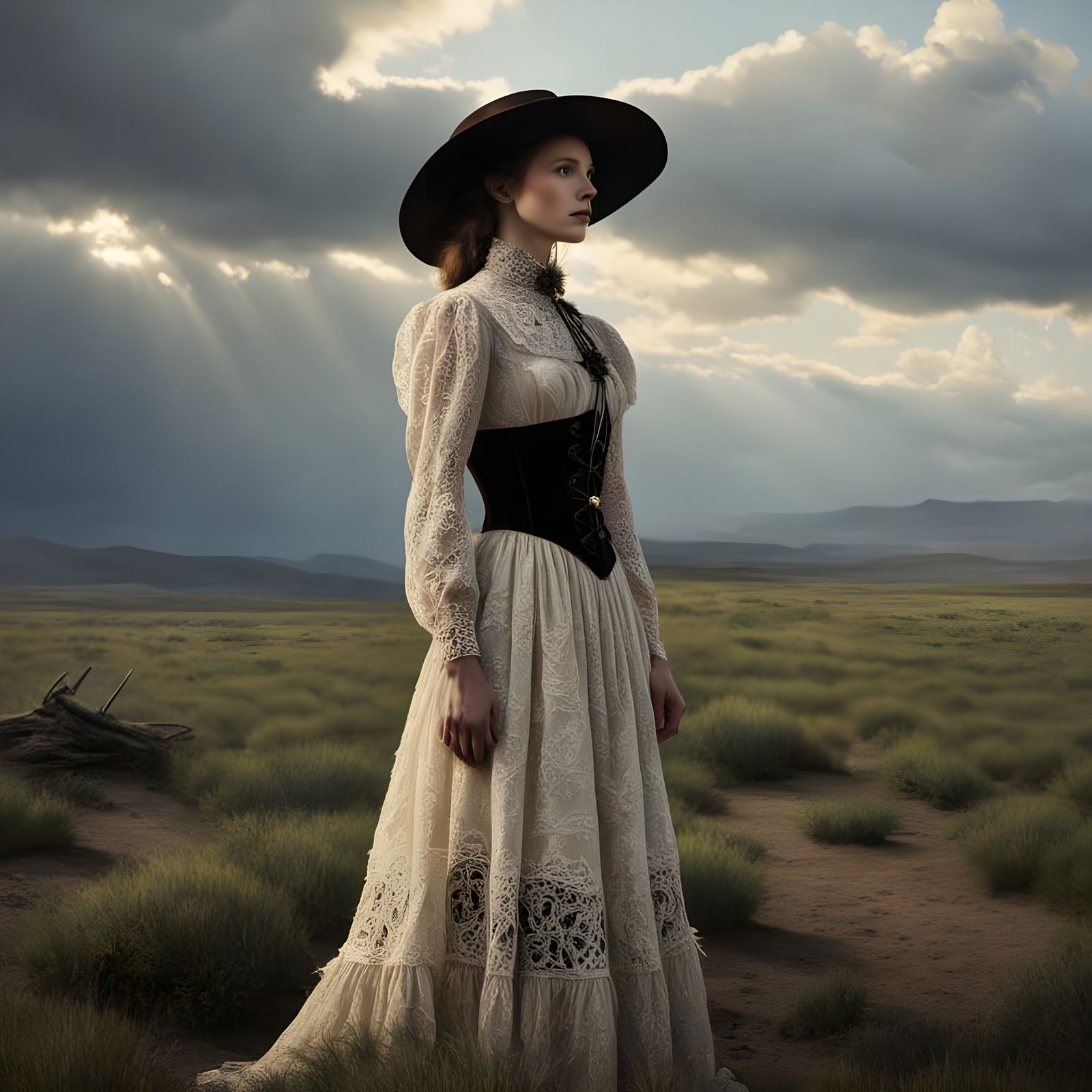 Elegant Lady in 19th-Century Western Attire Stands Confident...