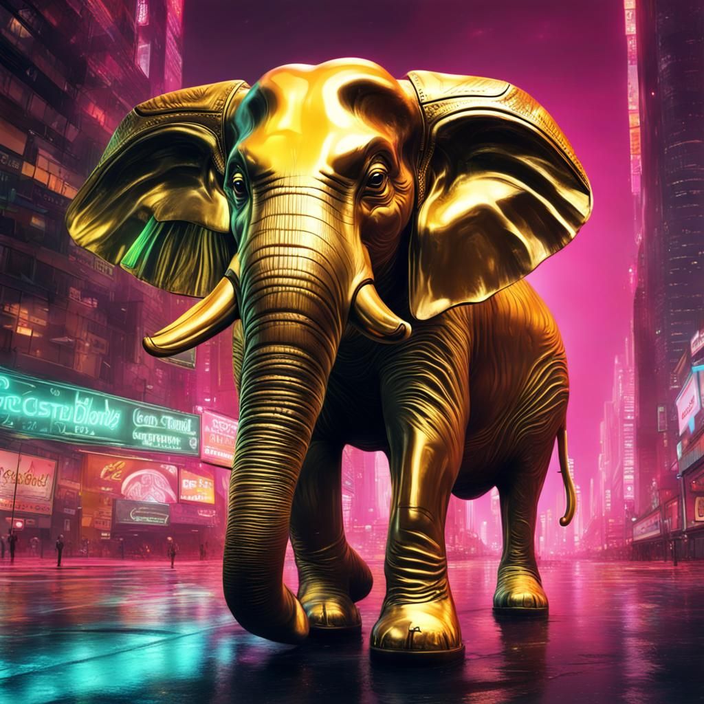 Golden Elephant in Neon City: Realistic Image