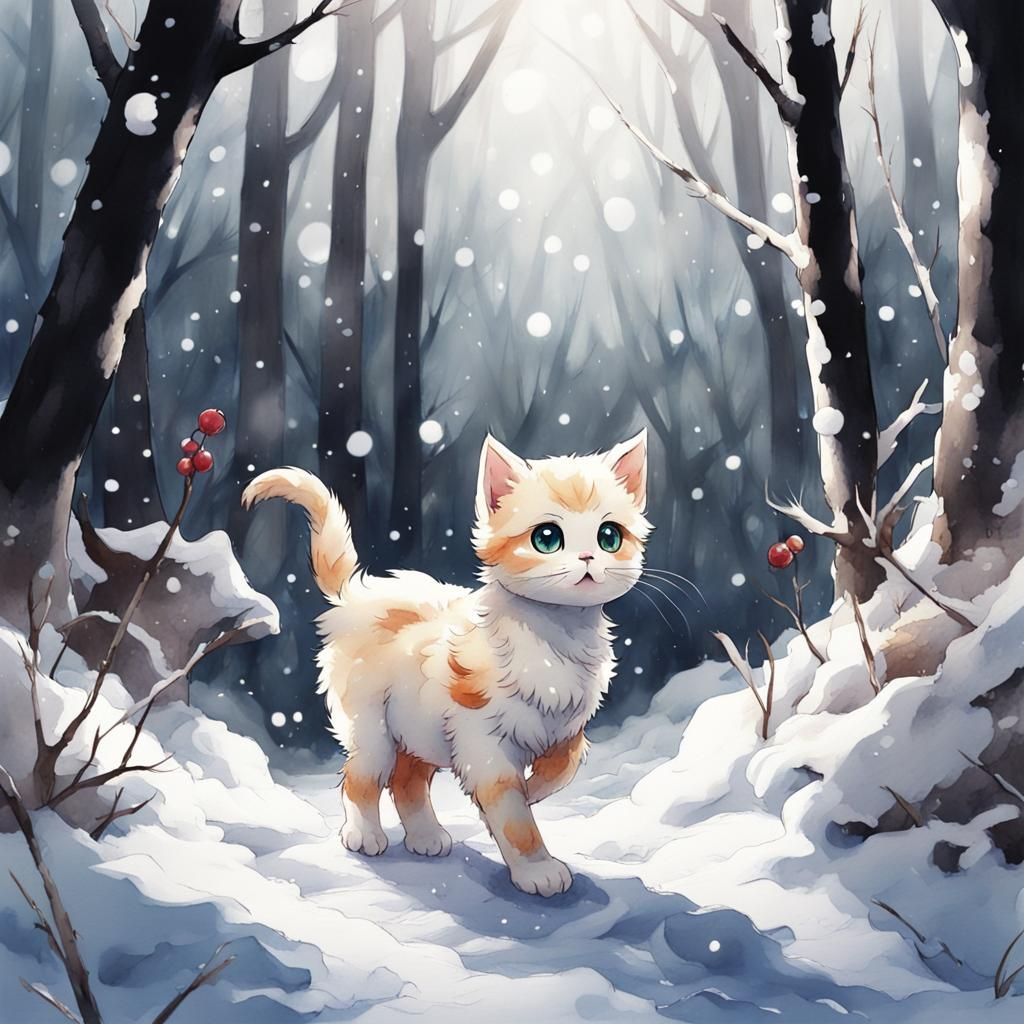 Kitten's Snowy Forest Adventure in Anime Style