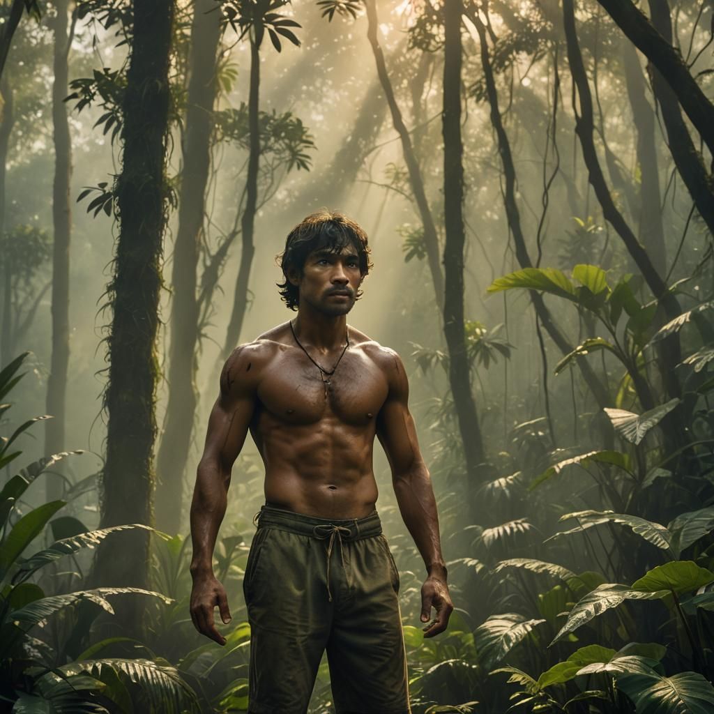 Mowgli in Jungle Clearing, Cinematic Film Still