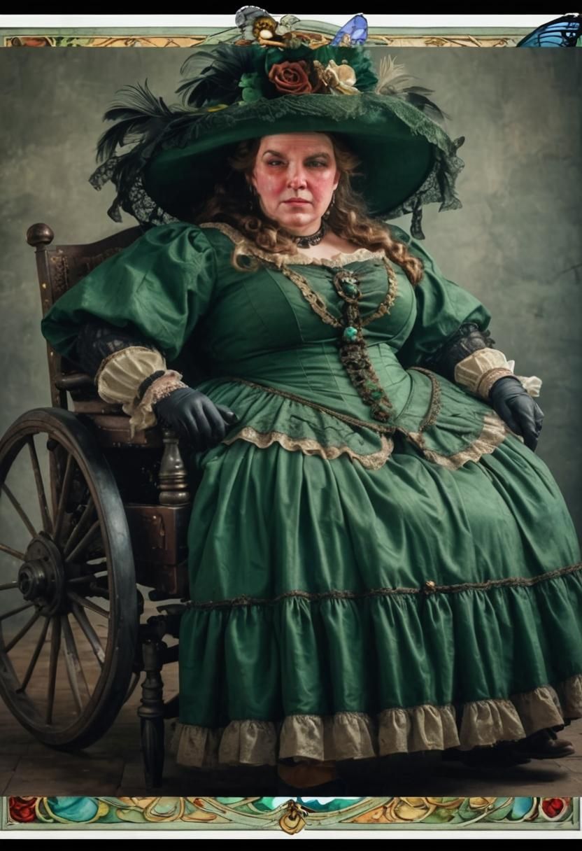 Overweight Woman in Steampunk Wheelchair, Victorian Style