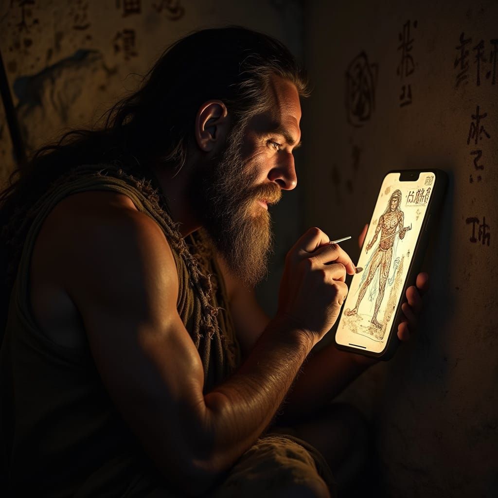 Caveman Sketches on Smartphone in Chiaroscuro Light