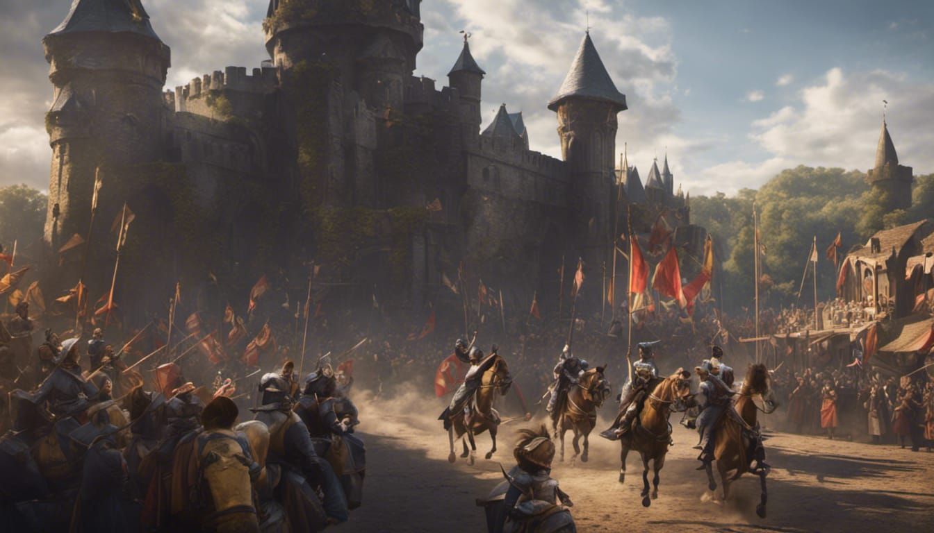 A medieval jousting tournament with a majestic castle backdrop