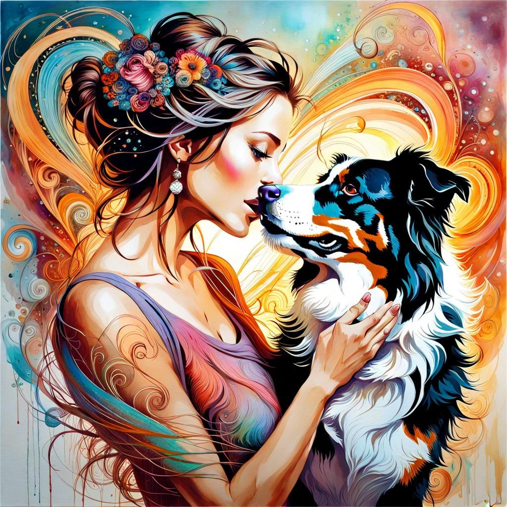 Woman and Dog Kissing in Colorful Swirls