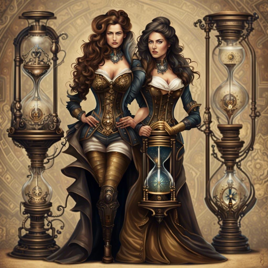 Steampunk Woman Posing Behind Hourglass Engine
