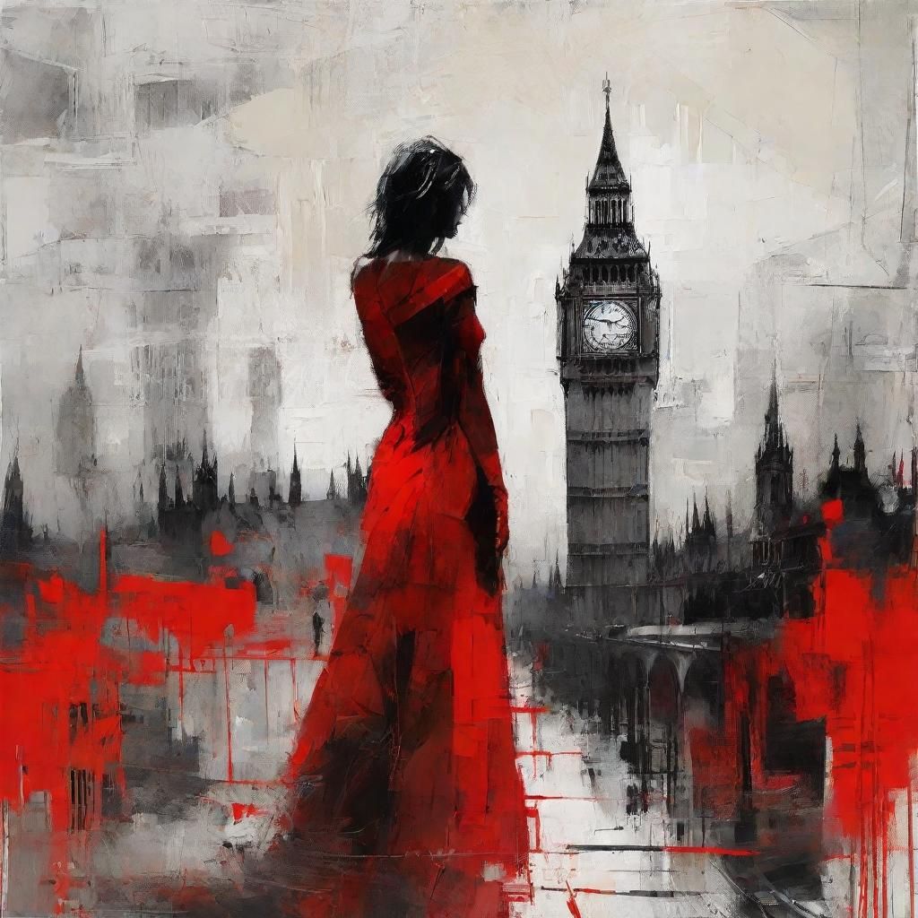 Eerie London Cityscape with Woman in Red
