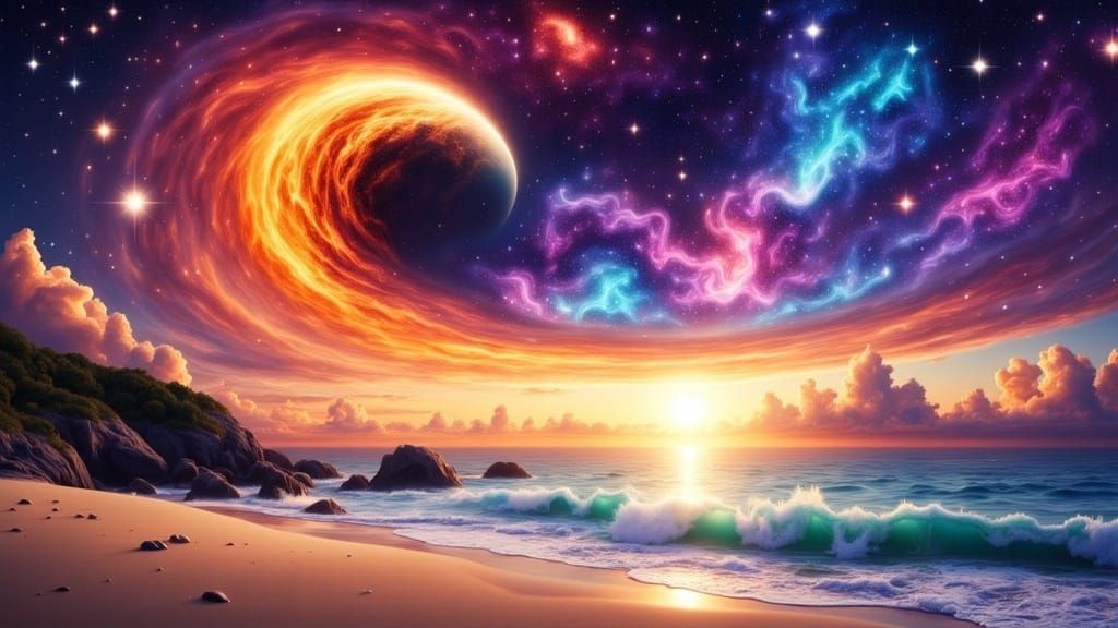 Fractalpunk Sunset Over Tranquil Beach