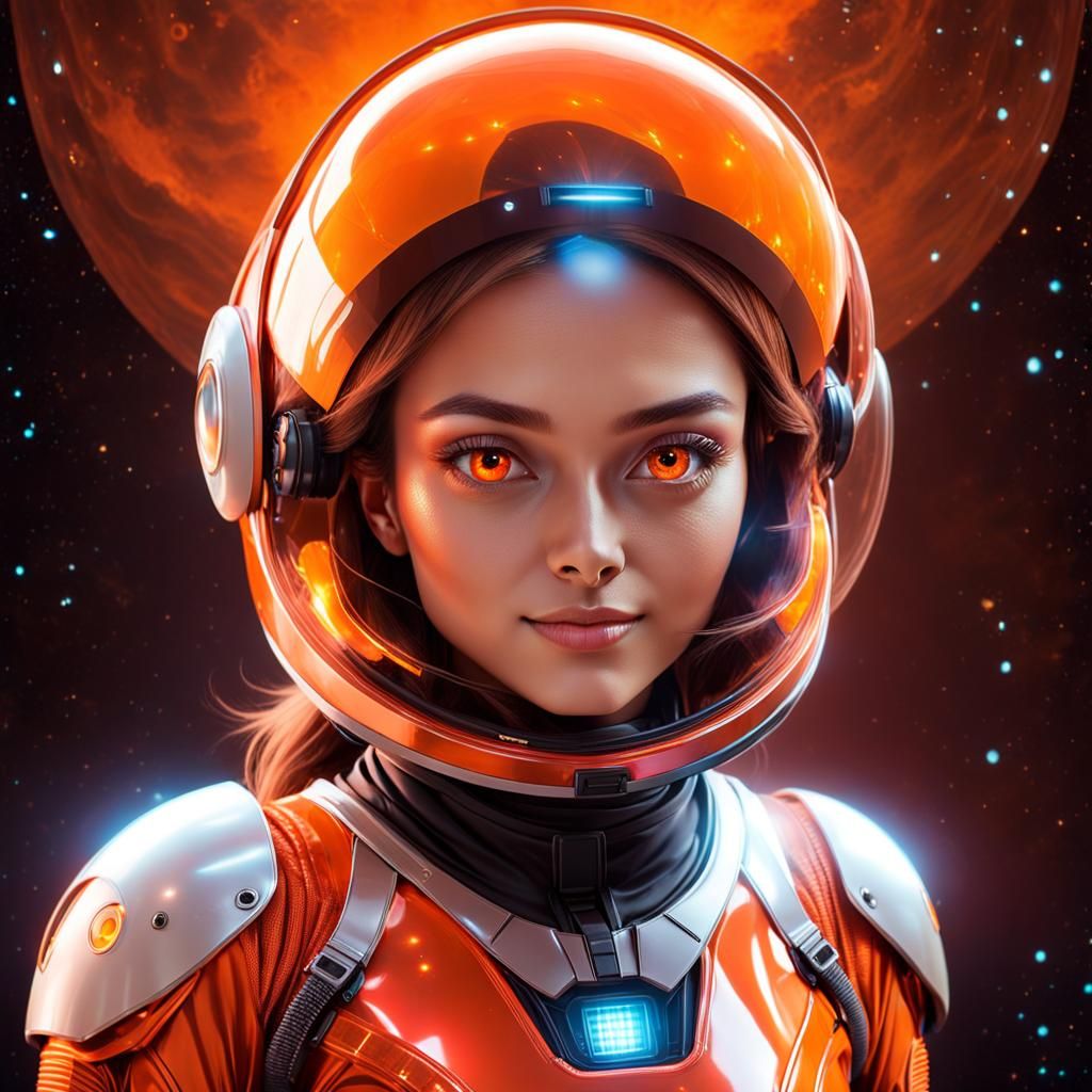 Young Woman in Orange Space Suit with Red Eyes
