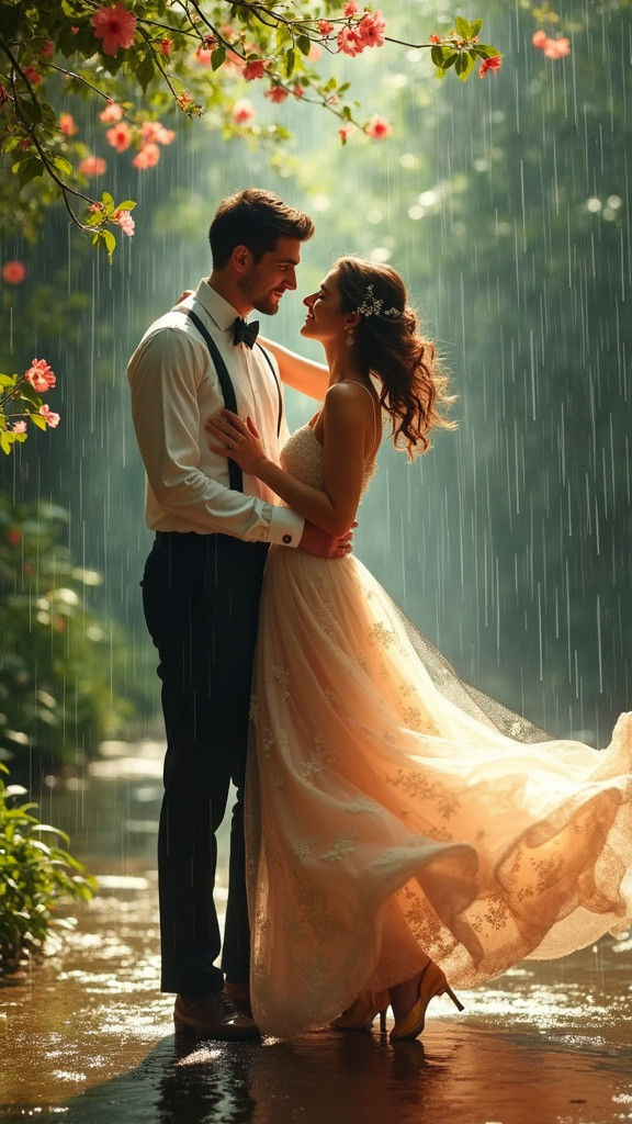Romantic Couple Dancing in the Rain, Classic Art Style