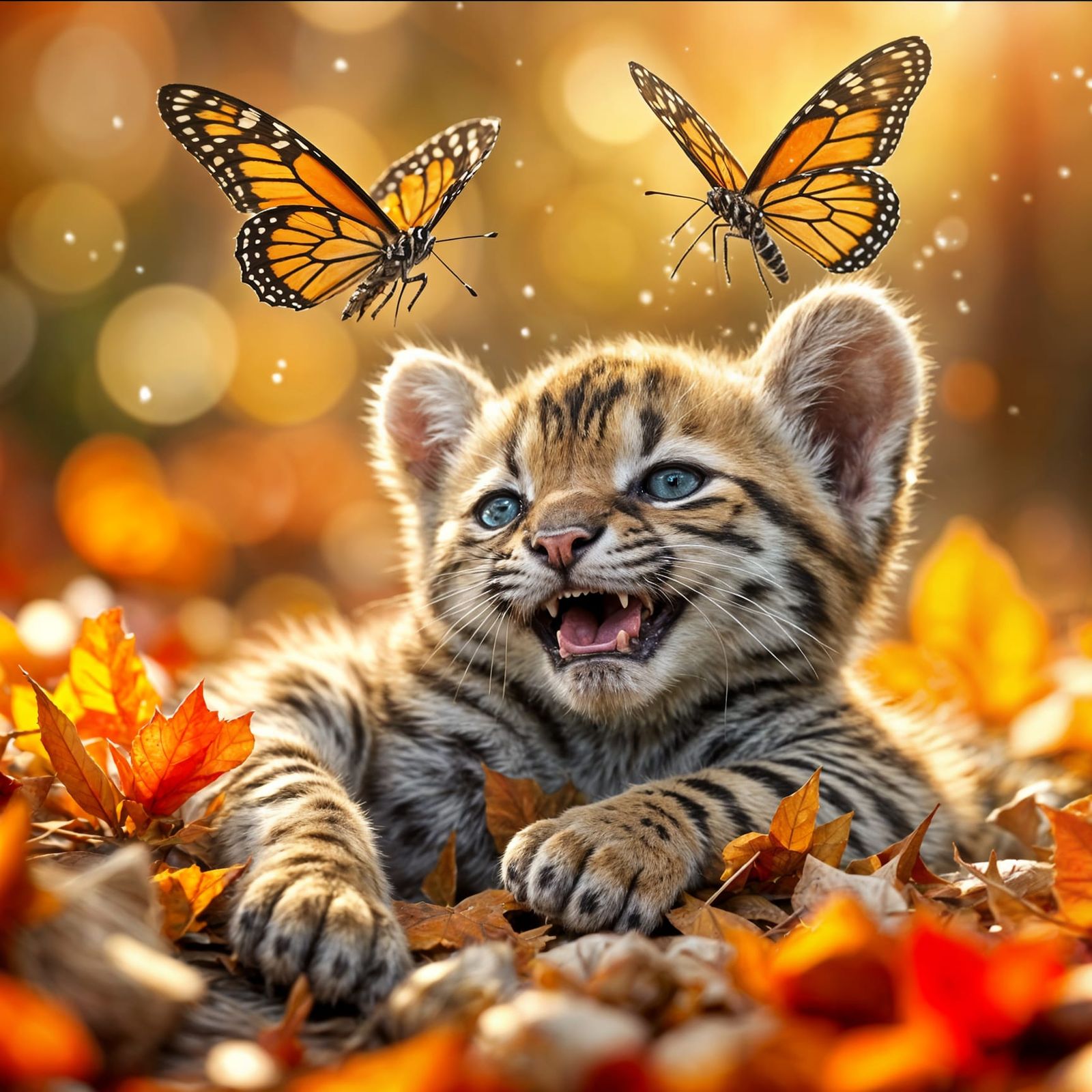 Ocelot Cub Plays with Luminous Butterflies in Autumn Forest