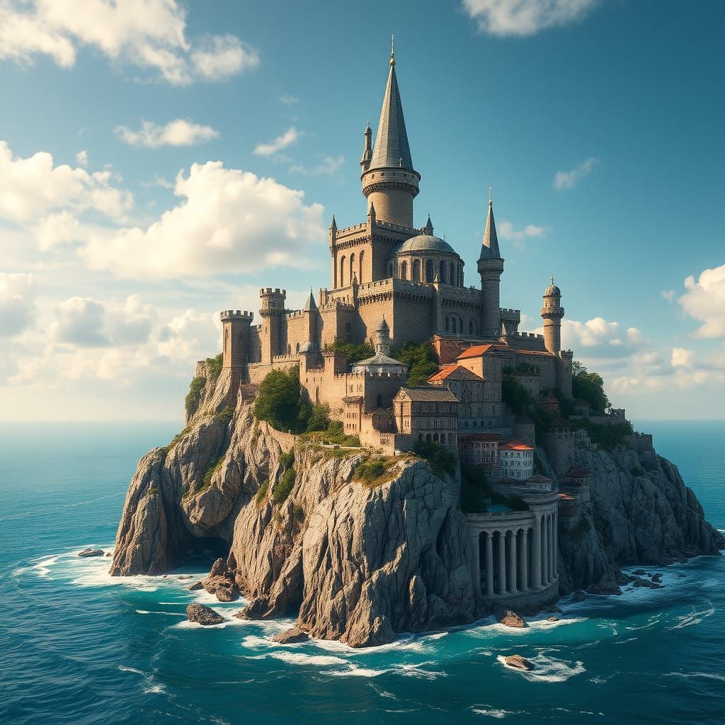 Weathered Stone Island Castle Rises in Turquoise Sea