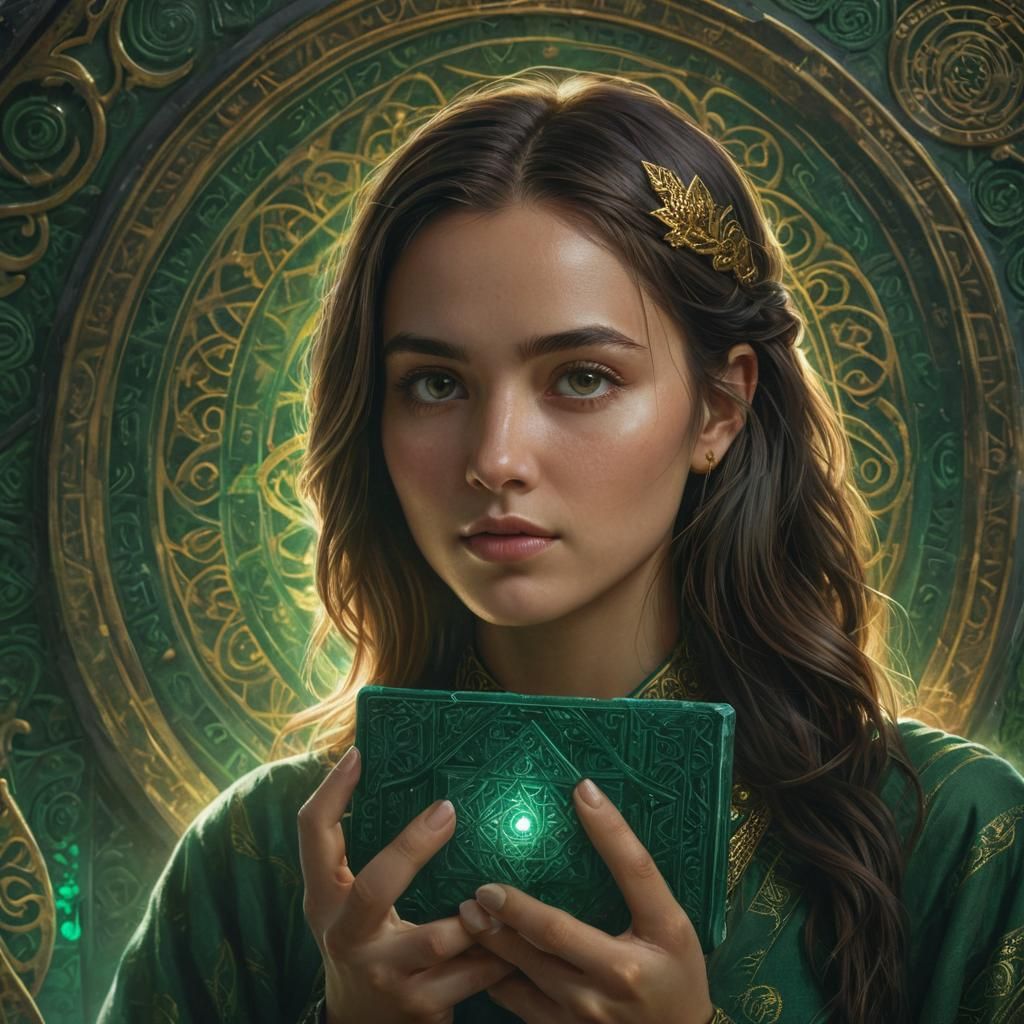 Woman with Emerald Tablet in Splash Art Style