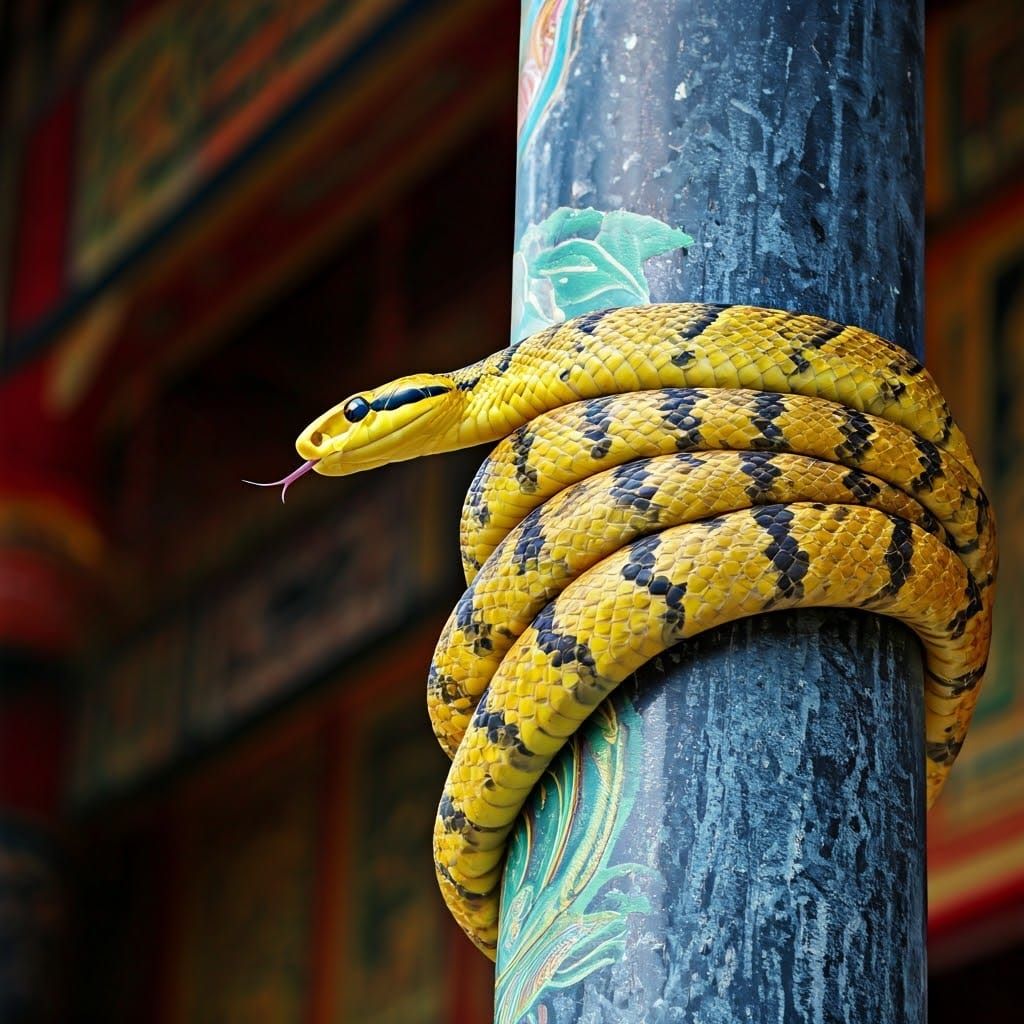 Realistic Boomslang Snake Curled Around Chinese Temple Pilla...