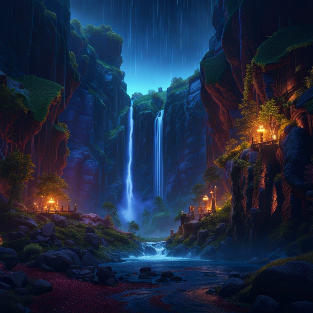 Magical Waterfall Landscape at Night in Detailed Matte Paint...