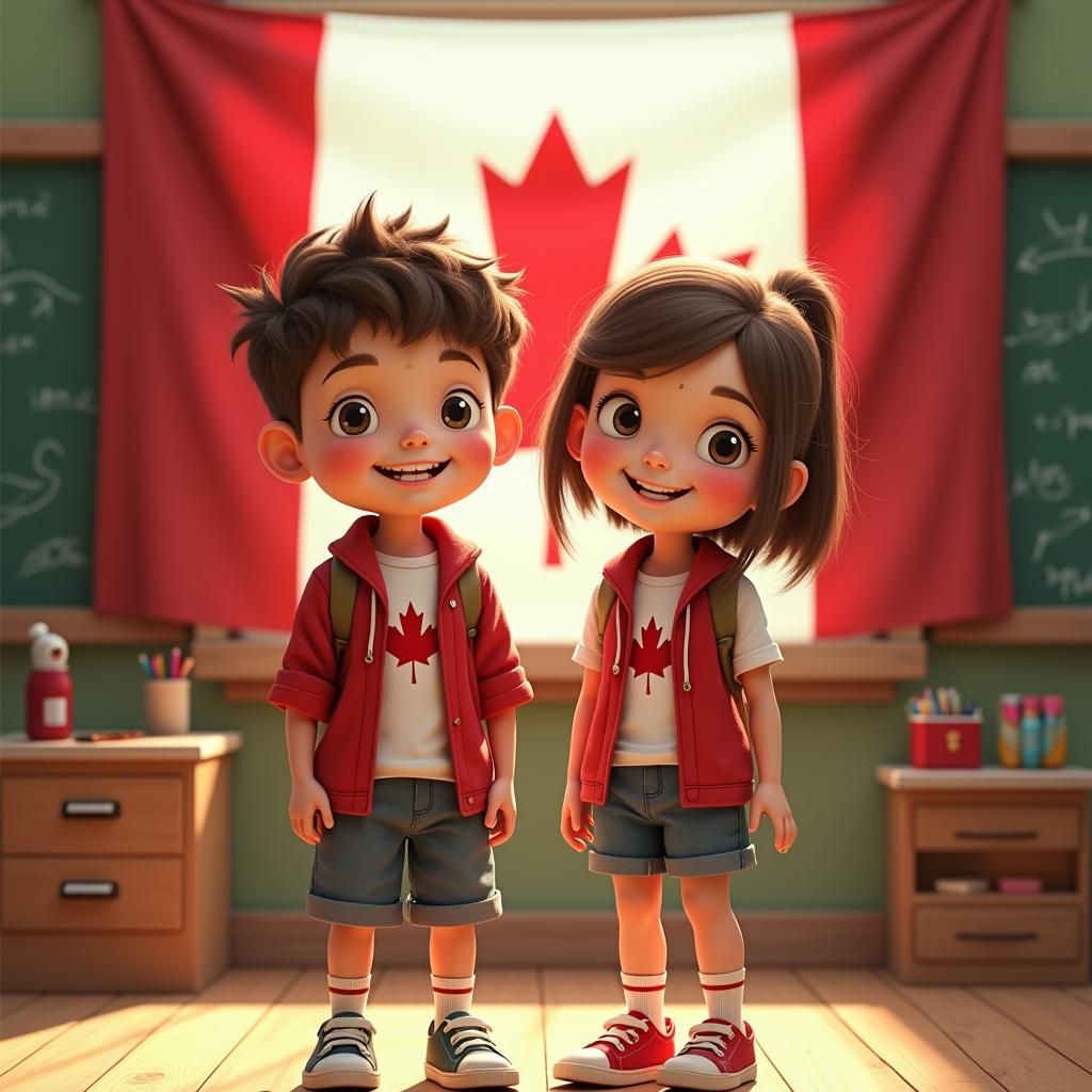 Smiling Students with Canadian Flag in Playful Style