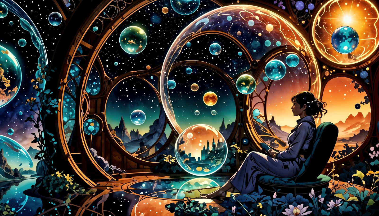 Cosmic Hopepunk Comic Art in Art Nouveau Style