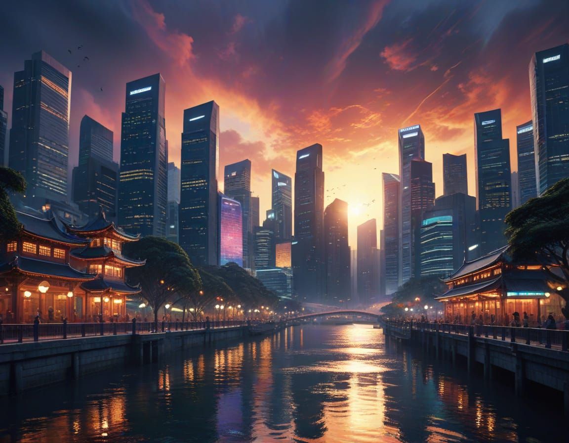 Singapore Cityscape in Whimsical Watercolor Style