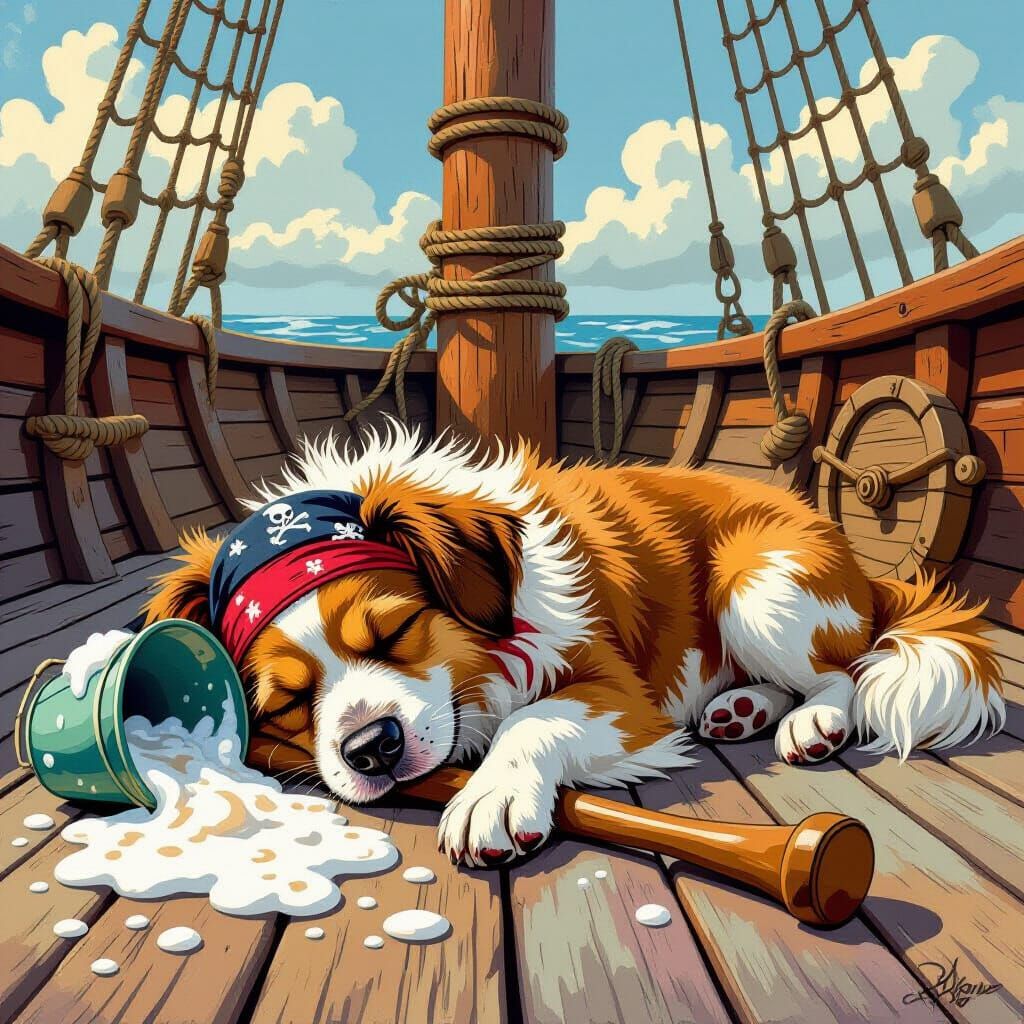 Pirate Dog Sleeps on Deck, Storybook Illustration
