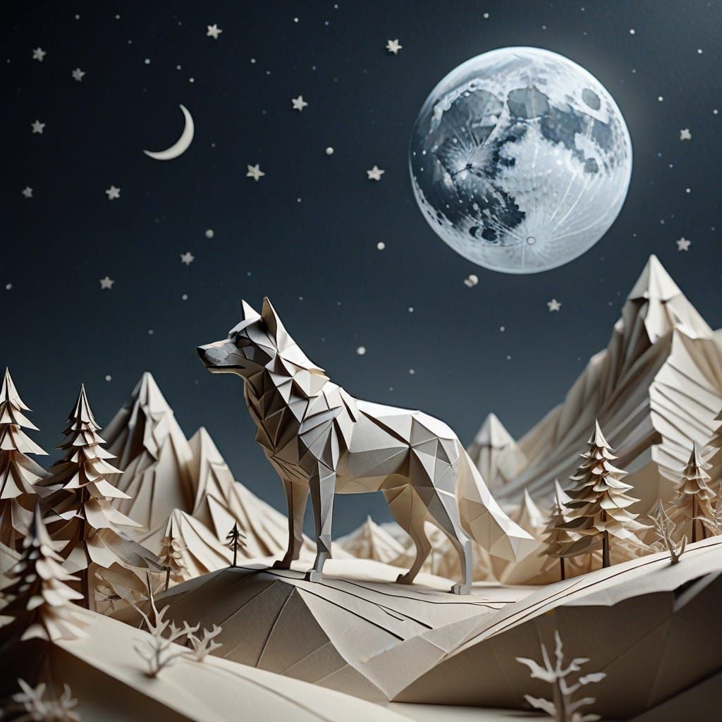 Dreamlike Moonlit Encounter in Origami Paper Craft Art