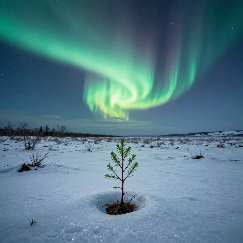 Aurora Borealis Over Tundra With Lone Sapling