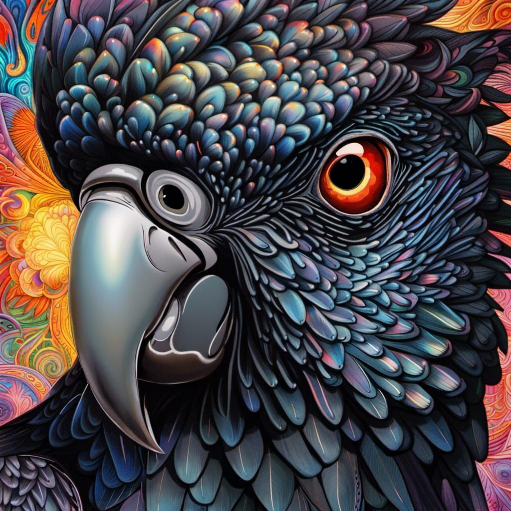 Detailed Black Cockatoo Head in Mixed Media Style