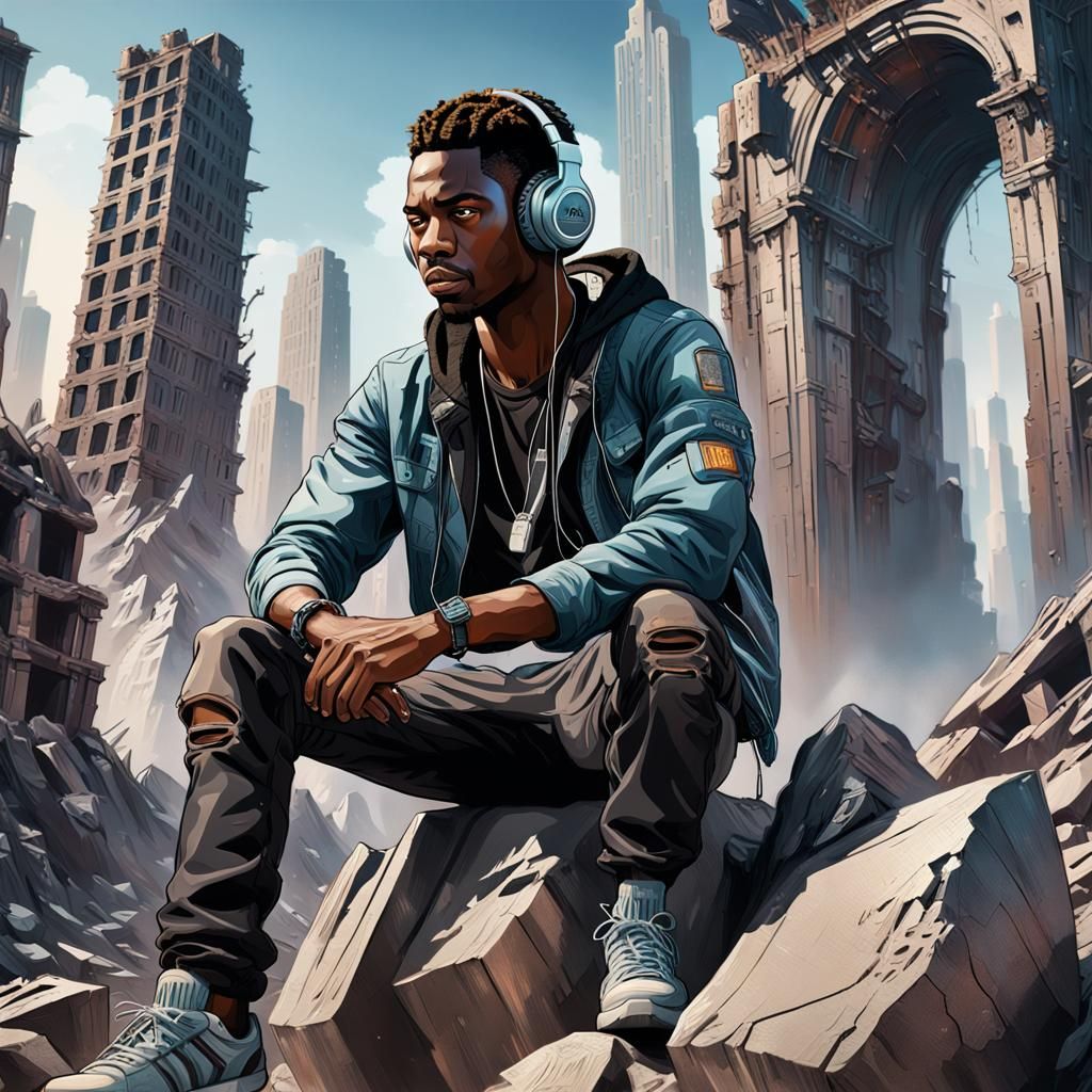 Post-Apocalyptic DJ in Futuristic NYC Ruins